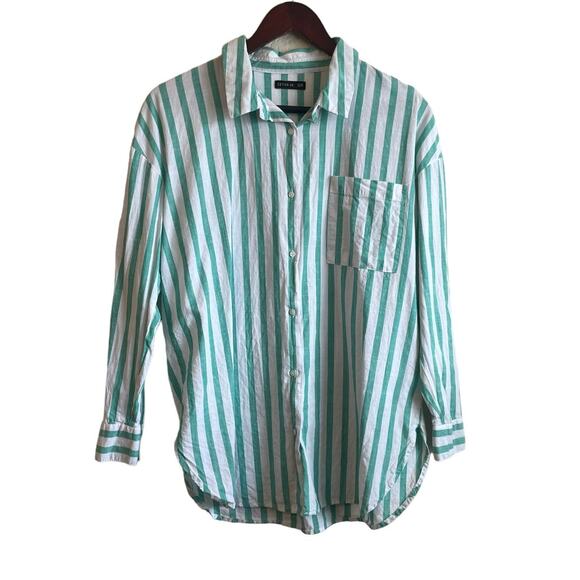 CottonOn Women Top XS Turquoise Striped Button Up Relaxed Preppy Beachy Travel - Picture 1 of 7